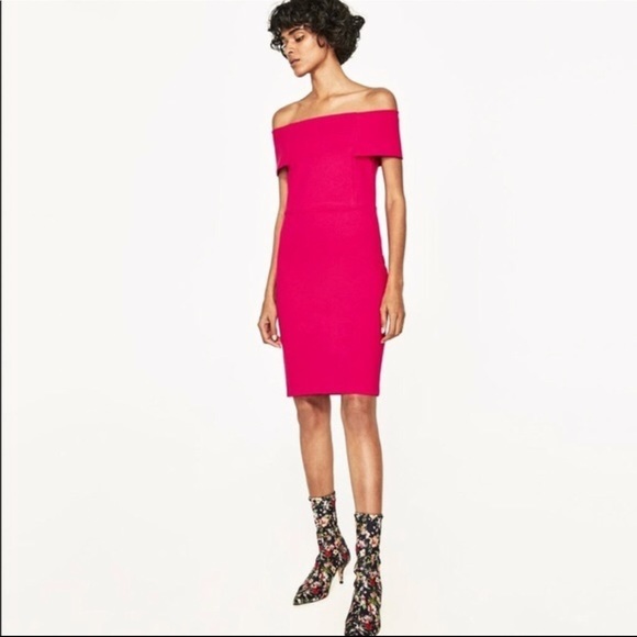 NWOT Zara Off Shoulder Fuchisia/Hot Pink Dress - Picture 3 of 11